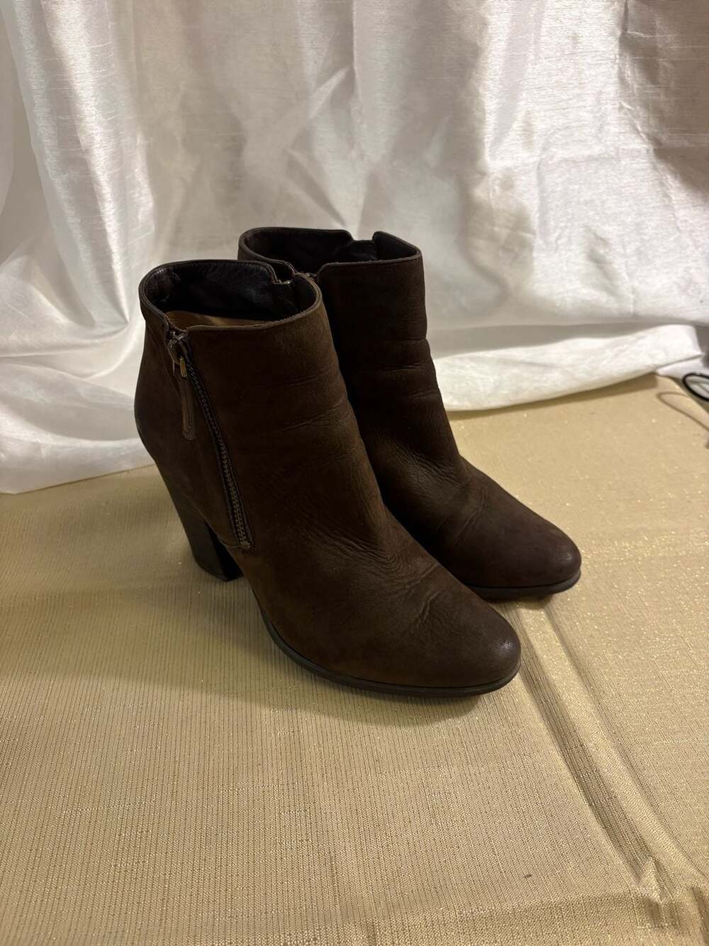Michael Kors Dark Brown Leather Side-Zip Ankle Booties with Gold Logo Plate